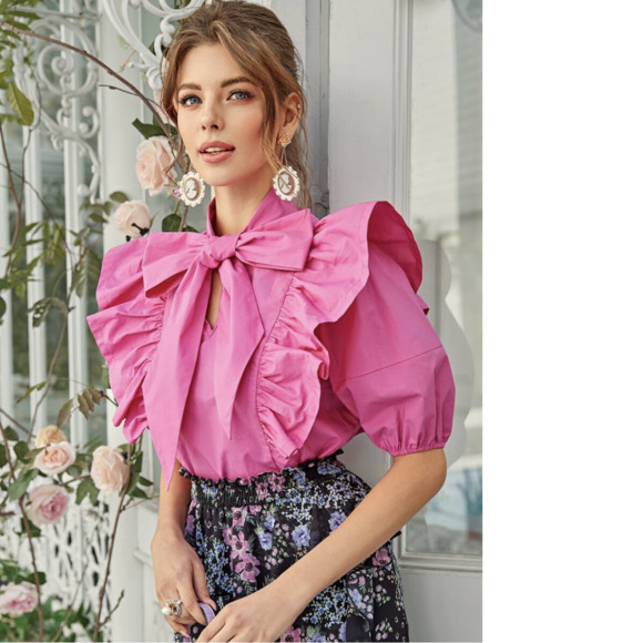 SHEIN Neon Pink Tie Neck Exaggerate Ruffle Trim Top - Picture 5 of 11